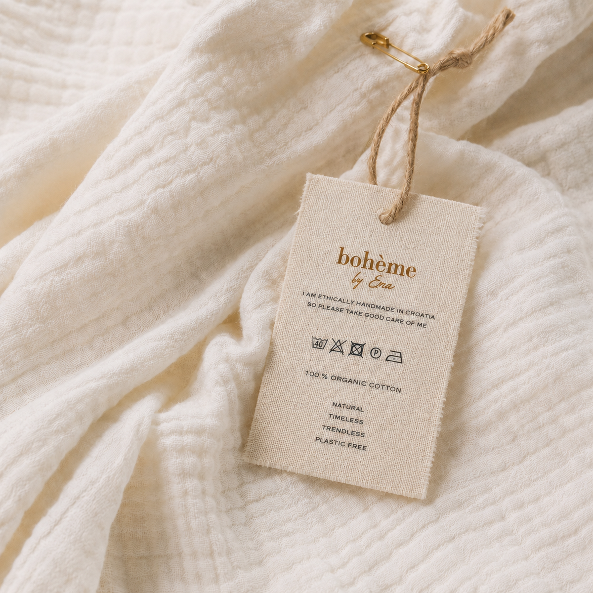 Bohème by Ena clothing label on natural fabric, handmade in Croatia