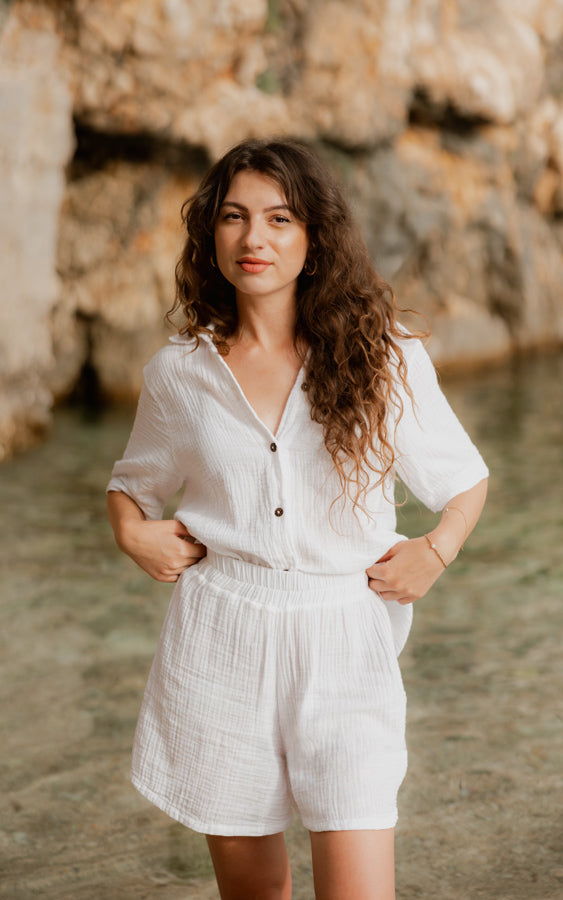 Woman wearing the white Coconut Short Matching Set by Bohème by Ena
