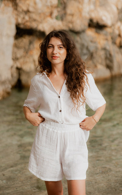 Woman wearing the white Coconut Short Matching Set by Bohème by Ena