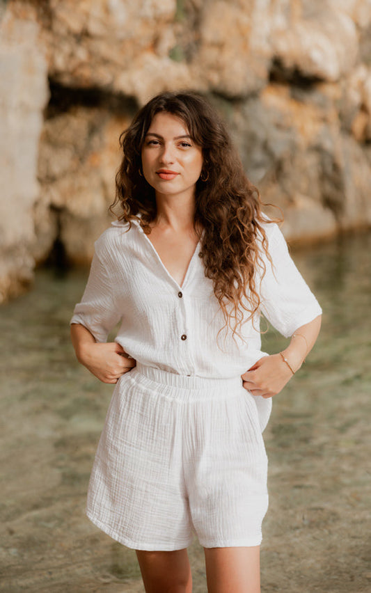 Woman wearing the white Coconut Short Matching Set by Bohème by Ena