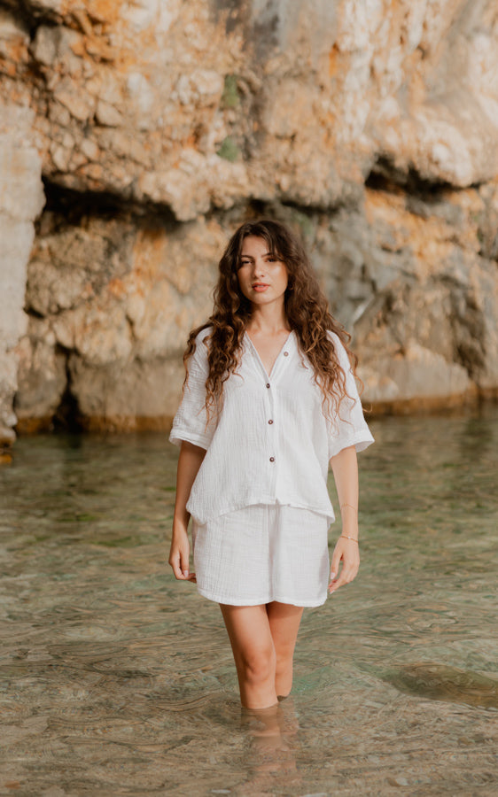 Full-length view of the white organic cotton Coconut Short Matching Set