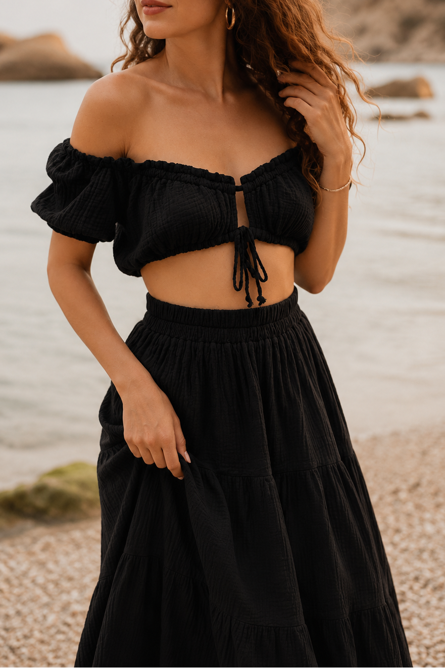Woman wearing the black La Gitana matching set by Bohème by Ena